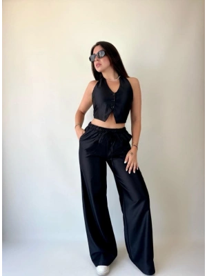 Kadın Gabardin Kumaş Boyundan Bağlamalı Yelek Bluz alaş Pantolon İkili Takım