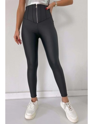 Kadın Geniş Fermuarlı Toparlayıcı Yüksek Bel Içi şardonlu Deri Tayt