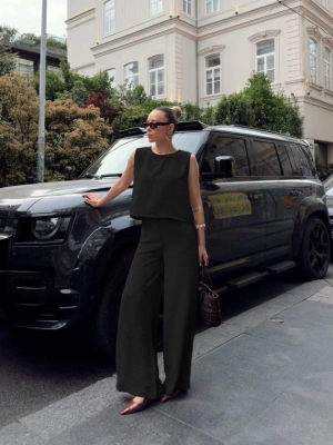 Kadın Geniş Paça Pantolon Ve Bluzlu Aerobin Kumaş Ikili Takım