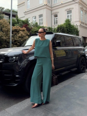 Kadın Geniş Paça Pantolon Ve Bluzlu Aerobin Kumaş Ikili Takım