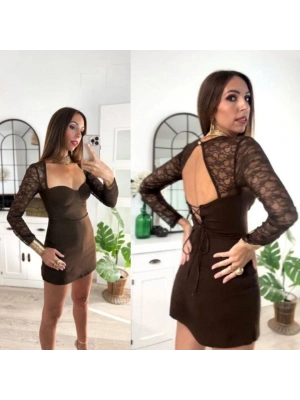 Kadın Gloplu Kare Yaka Dantel Transparan Ve ırt Dekoltesi Detaylı ini Elbise