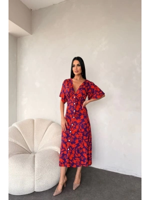 Kadın Göğüs Dekolteli Yaprak Desen Dokuma Viskon Kumaş axi Boy Elbise