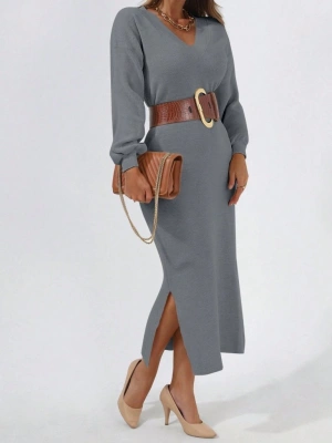 Kadın Gri Uzun Kollu Yırtmaçlı V Yaka Triko Elbise