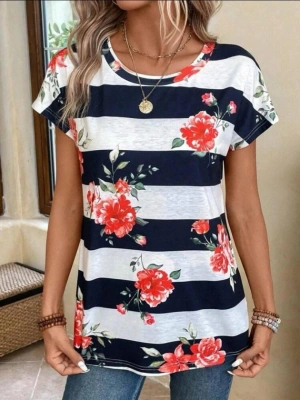 Kadın Gül Desenli çizgili Süprem Tshirt