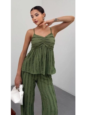 Kadın Haki Dokulu Askılı Üst Ve Bol Paça Pantolon 2’li Takım
