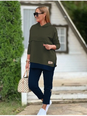 Kadın Haki Kapşonlu Etek Ucu Detay Arma Ters Dikiş Gorunumlu Ikili Takım