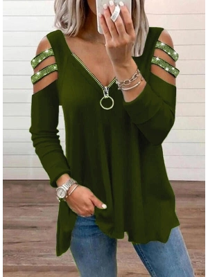 Kadın Haki Kolları Taş Işlemeli Uzun Kol Fermuarlı Viskon Bluz