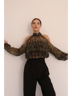 Kadın Halter Yaka Full Transparan Omuz Dekolteli Bluz