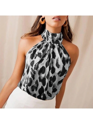 Kadın Halter Yaka Leopar Desenli Mikro Kumaş Bluz