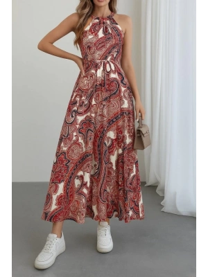 Kadın Halter Yakalı Omuzlardan Açık Kuşaklı Maksi Boy Desenli Süprem Elbise