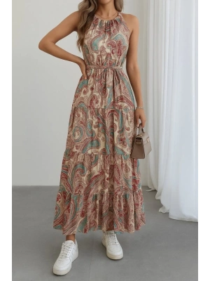 Kadın Halter Yakalı Omuzlardan Açık Kuşaklı Maksi Boy Desenli Süprem Elbise