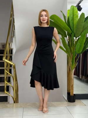 Kadın ıfır Kollu Belden Büzgülü Eteği Volanlı Asimetrik Kesim Midi Janjan Krep Elbise