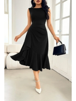 Kadın ıfır Kollu Belden Büzgülü Eteği Volanlı Asimetrik Kesim Midi Janjan Krep Elbise