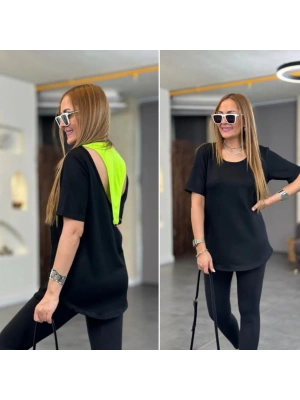 Kadın İki İplik Kumaş ırt Neon Detay Bluz