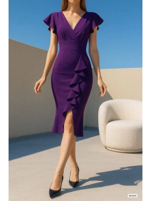 Kadın imli Elbise Kol Pileli Yırtmaç Detaylı Elbise