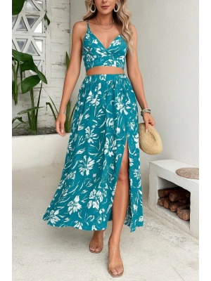 Kadın Ince Askılı çiçek Baskı Desenli Crop Yırtmaçlı Etek Ikili üprem Takım