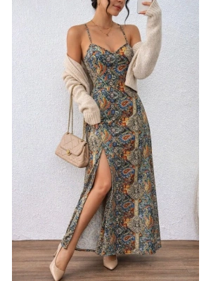 Kadın Ip Askılı Arkadan çapraz Kesim Detaylı Uzun Desenli Süprem Elbise