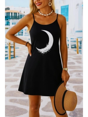 Kadın Ip Askılı Ay Desenli Viskon Elbise