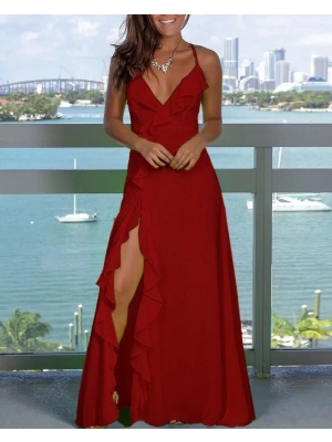 Kadın Ip Askılı Dekolteli Yırtmaç Detay Krep Elbise