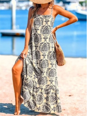 Kadın Ip Askılı Desenli Fırfırlı Süprem Elbise