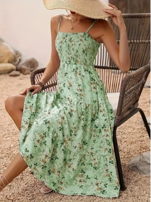 Kadın Ip Askılı Geniş V Yakalı Desenli Uzun Süprem Elbise