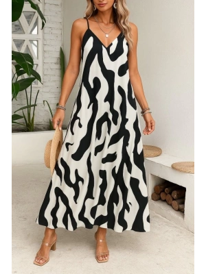 Kadın Ip Askılı Geniş V Yakalı Leopar Desenli Süprem Elbise