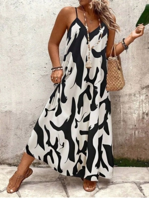 Kadın Ip Askılı Geniş V Yakalı Leopar Desenli Süprem Elbise