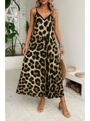 Kadın Ip Askılı Geniş V Yakalı Leopar Desenli Süprem Elbise