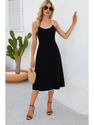 Kadın Ip Askılı Geniş V Yakalı Midi Janjan Krep Elbise