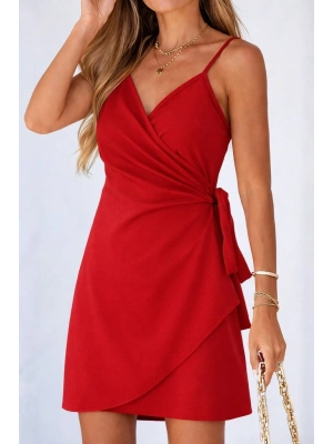 Kadın Ip Askılı Kruvaze Yakalı Belden Kuşaklı Kısa Janjan Krep Elbise