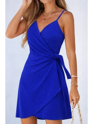 Kadın Ip Askılı Kruvaze Yakalı Belden Kuşaklı Kısa Janjan Krep Elbise