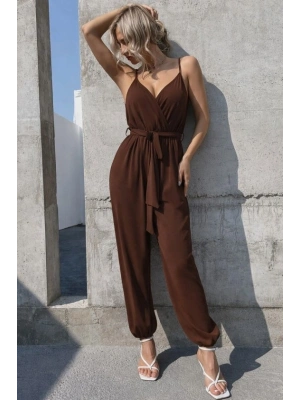 Kadın Ip Askılı Kruvaze Yakalı Belden Kuşaklı Uzun Sandy Tulum