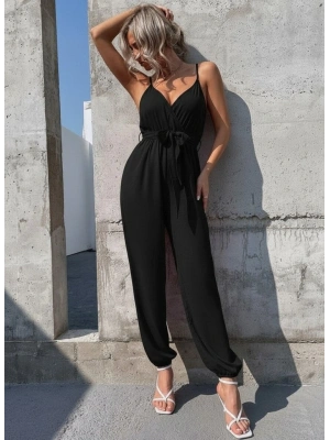 Kadın Ip Askılı Kruvaze Yakalı Belden Kuşaklı Uzun Sandy Tulum