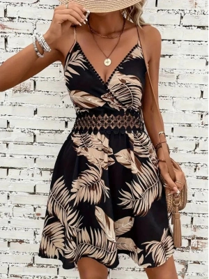 Kadın Ip Askılı Kruvaze Yakalı Desenli Mini Süprem Mini Elbise