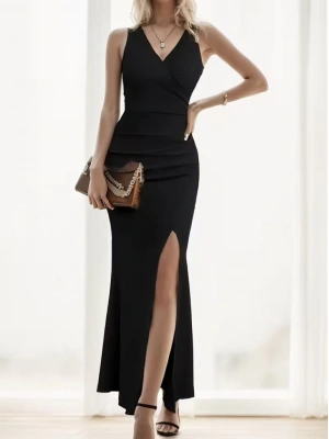 Kadın Ip Askılı Kruvaze Yakalı Yırtmaçlı Uzun Ithal Krep Elbise