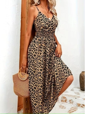 Kadın Ip Askılı Kruvazeli Yakalı Beli Lastikli Leopar Desenli Uzun Süprem Elbise