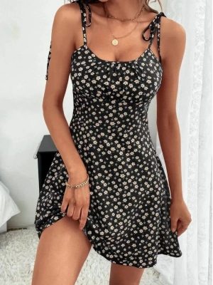 Kadın Ip Askılı Omuzlardan Bağcıklı çiçek Desenli Süprem Elbise