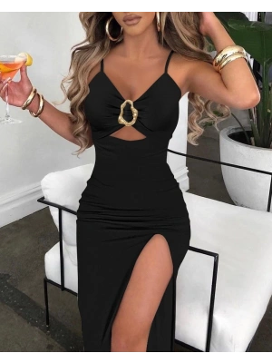 Kadın Ip Askılı Toka Detaylı Yırtmaçlı Janjan Krep Elbise