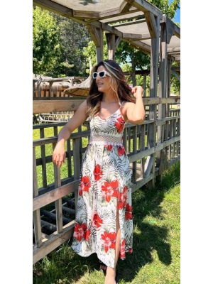 Kadın Ip Askılı V Yakalı Bel Güpür çiçek Desenli Yandan Yırtmaçlı Maksi Süprem Elbise