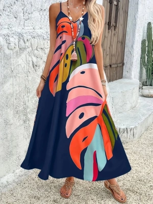 Kadın Ip Askılı V Yakalı Desenli Süprem Maxi Elbise