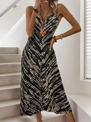 Kadın Ip Askılı V Yakalı Desenli Uzun Süprem Elbise