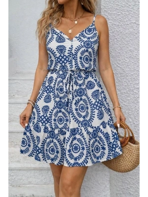 Kadın Ip Askılı V Yakalı Düğmeli Desenli Kısa Süprem Elbise