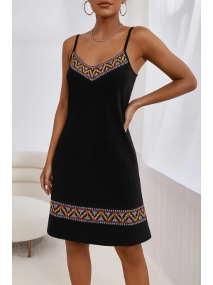 Kadın Ip Askılı V Yakalı Etnik Desenli Detaylı Elbise