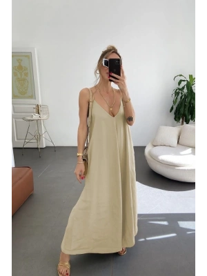 Kadın Ip Askılı V Yakalı Uzun Aerobin Elbise