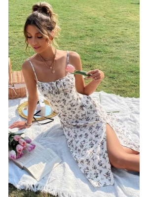 Kadın Ip Askılı Yakadan Bağcıklı Desenli Süprem Elbise