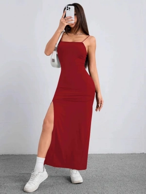 Kadın Ip Askılı Yandan Yırtmaçlı Janjan Krep Elbise