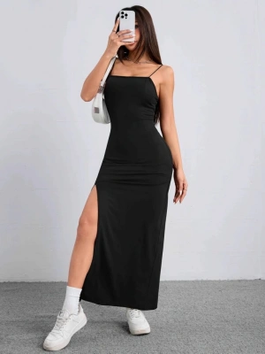 Kadın Ip Askılı Yandan Yırtmaçlı Janjan Krep Elbise