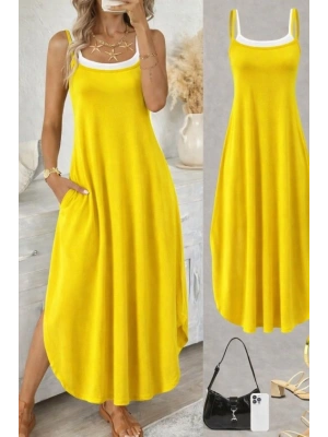 Kadın Ip Askılı Yuvarlak Yakalı Cepli Uzun Viskon Elbise