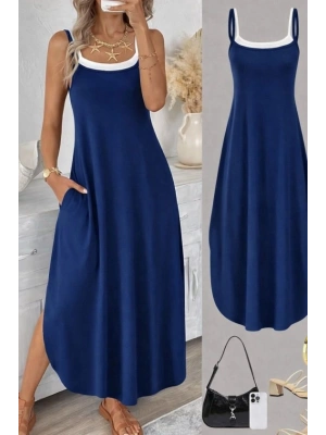 Kadın Ip Askılı Yuvarlak Yakalı Cepli Uzun Viskon Elbise