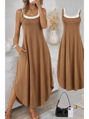 Kadın Ip Askılı Yuvarlak Yakalı Cepli Uzun Viskon Elbise